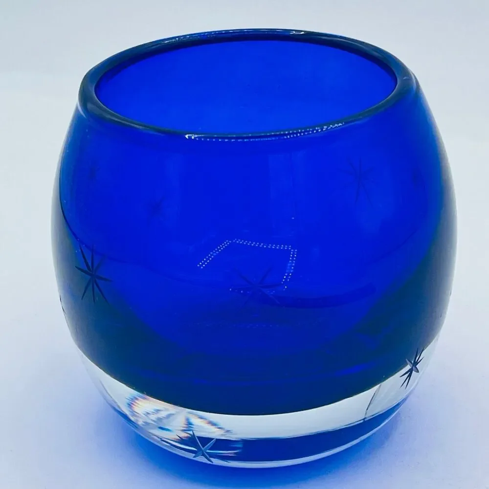 Cobalt Blue Starburst Etched Stars Glittery Glass Votive Candle Holder Poland